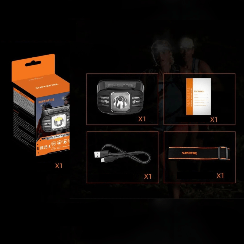 Lampe Frontale Rechargeable 2000mAh boite et équipements