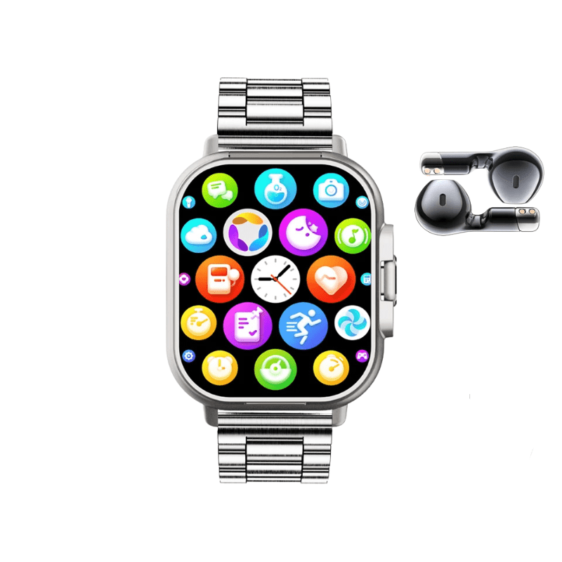 Montre connectée 2 en 1 avec écouteurs gris de face