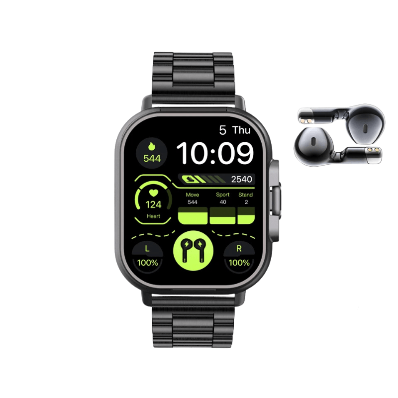 Montre connectée 2 en 1 avec écouteurs noir de face